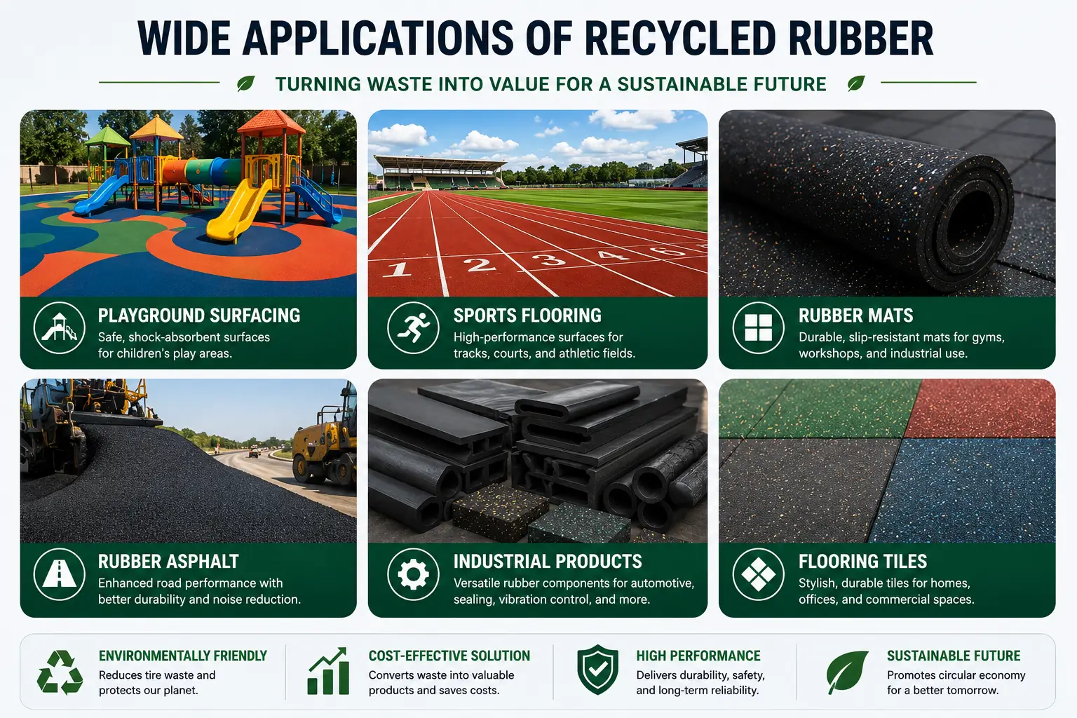 Recycled rubber applications including playground surfacing, sports flooring, rubber mats, rubber asphalt, industrial products, and flooring tiles