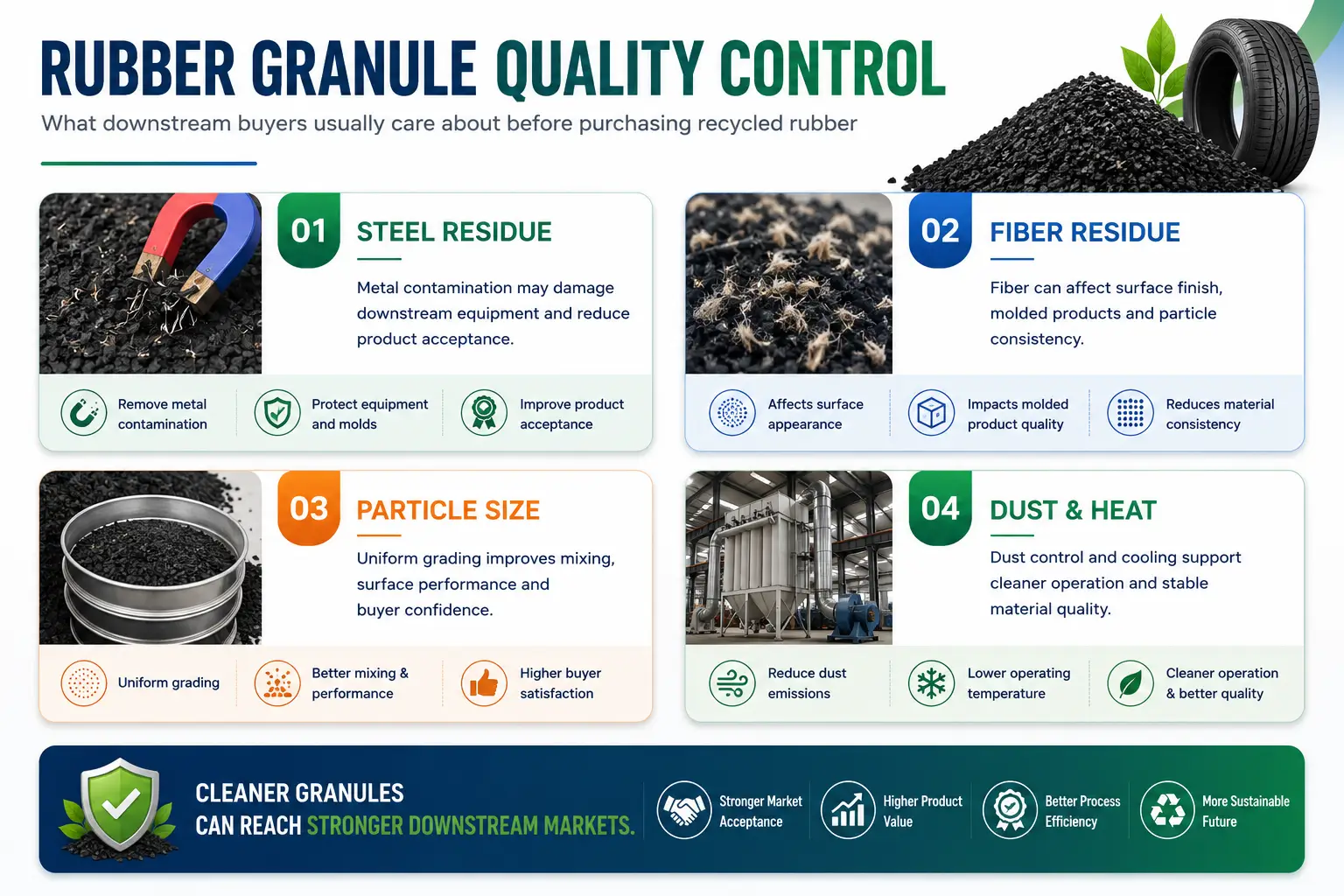 Rubber Granule Quality Control Rubber granule quality control infographic showing steel residue, fiber residue, particle size consistency, dust control, and downstream material quality