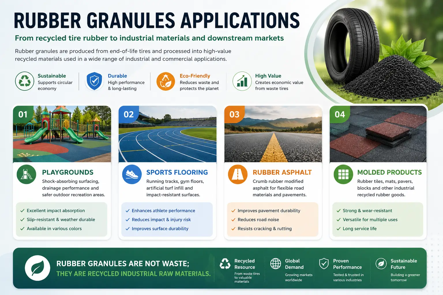 Rubber Granules Applications Overview Rubber granules applications infographic showing playground surfacing, sports flooring, rubber asphalt, molded products, and recycled tire rubber uses