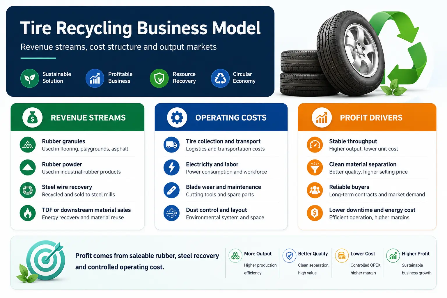 Tire Recycling Business Model and Revenue Streams Tire recycling business model infographic showing revenue streams, operating costs and profit drivers for waste tire recycling plants