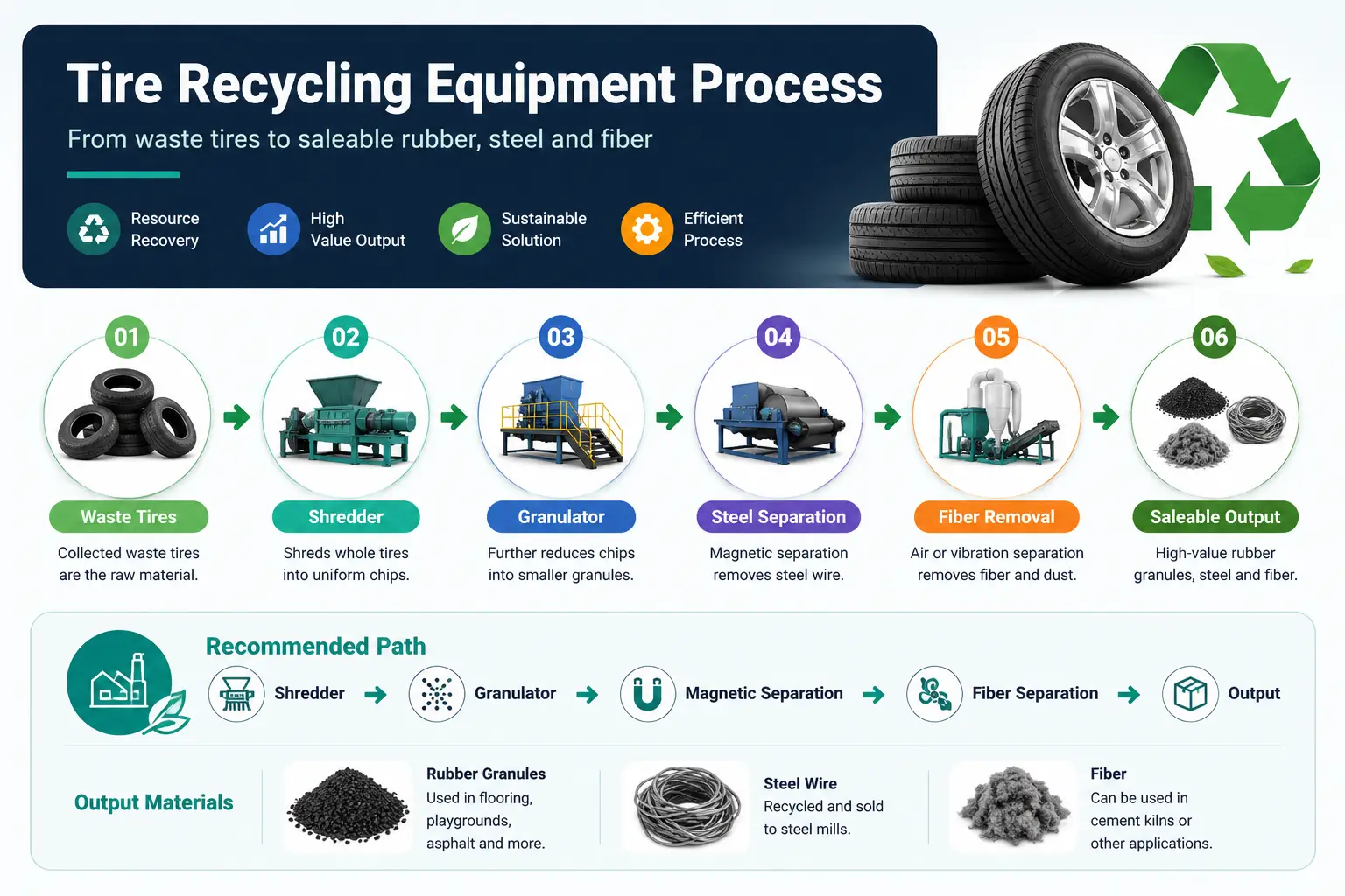 Tire Recycling Equipment Process Flow Waste tire recycling equipment process flow infographic showing shredding, granulation, steel separation, fiber removal and saleable rubber output