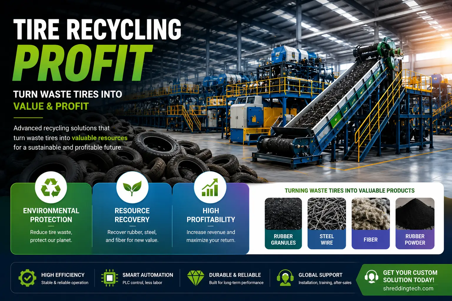Industrial tire recycling plant turning waste tires into rubber granules, steel wire, fiber, and profitable recycled products