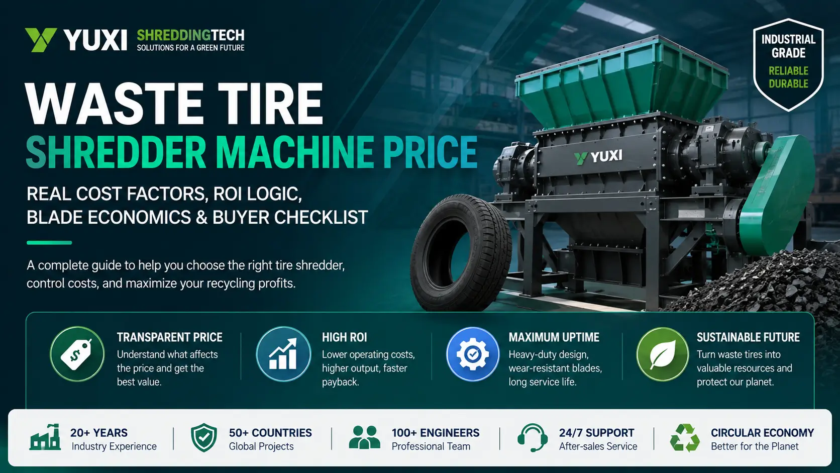 Industrial waste tire shredder machine buyer guide showing price factors, ROI logic, uptime and operating cost considerations