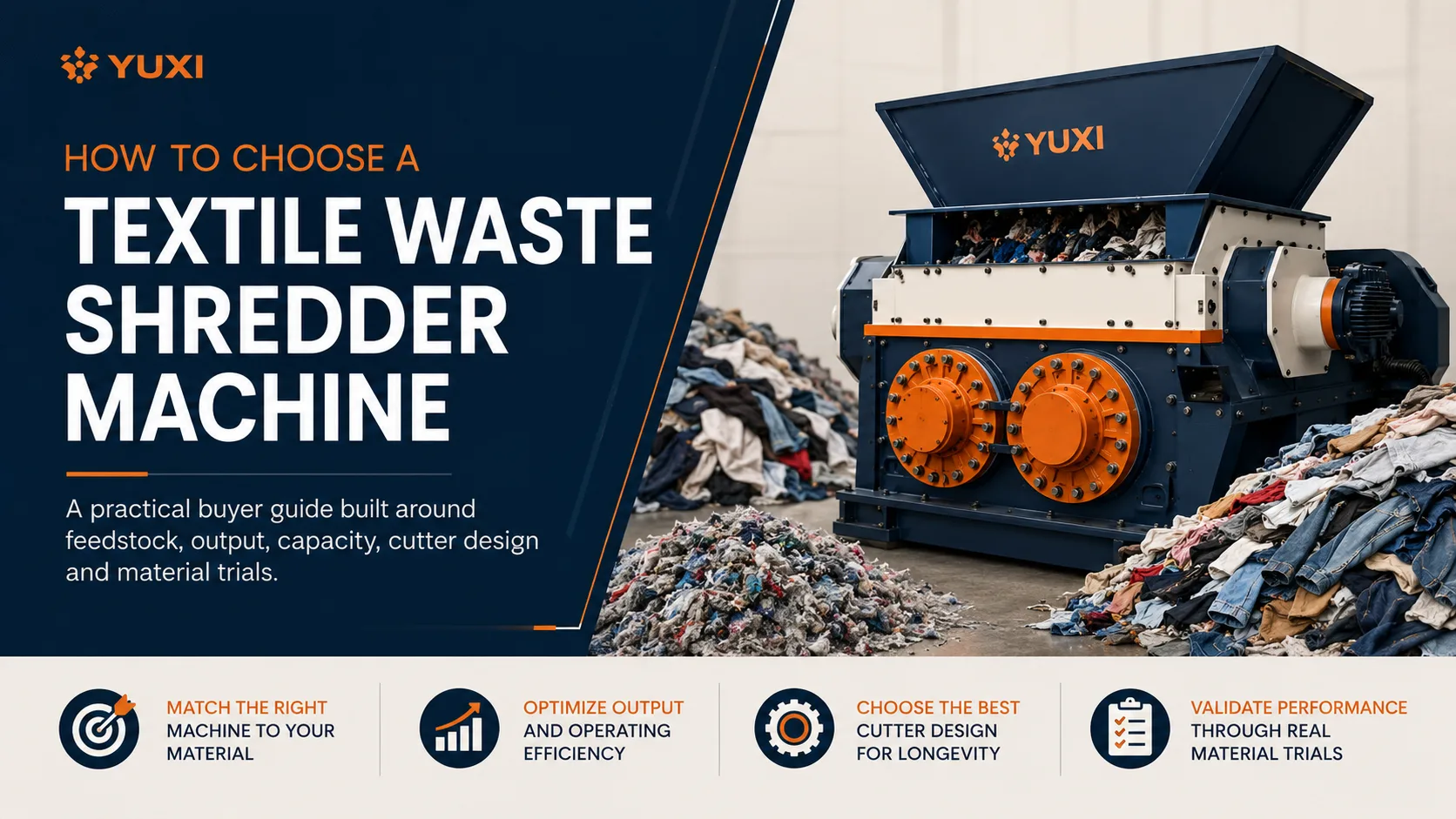 Textile waste entering an industrial double-shaft shredder