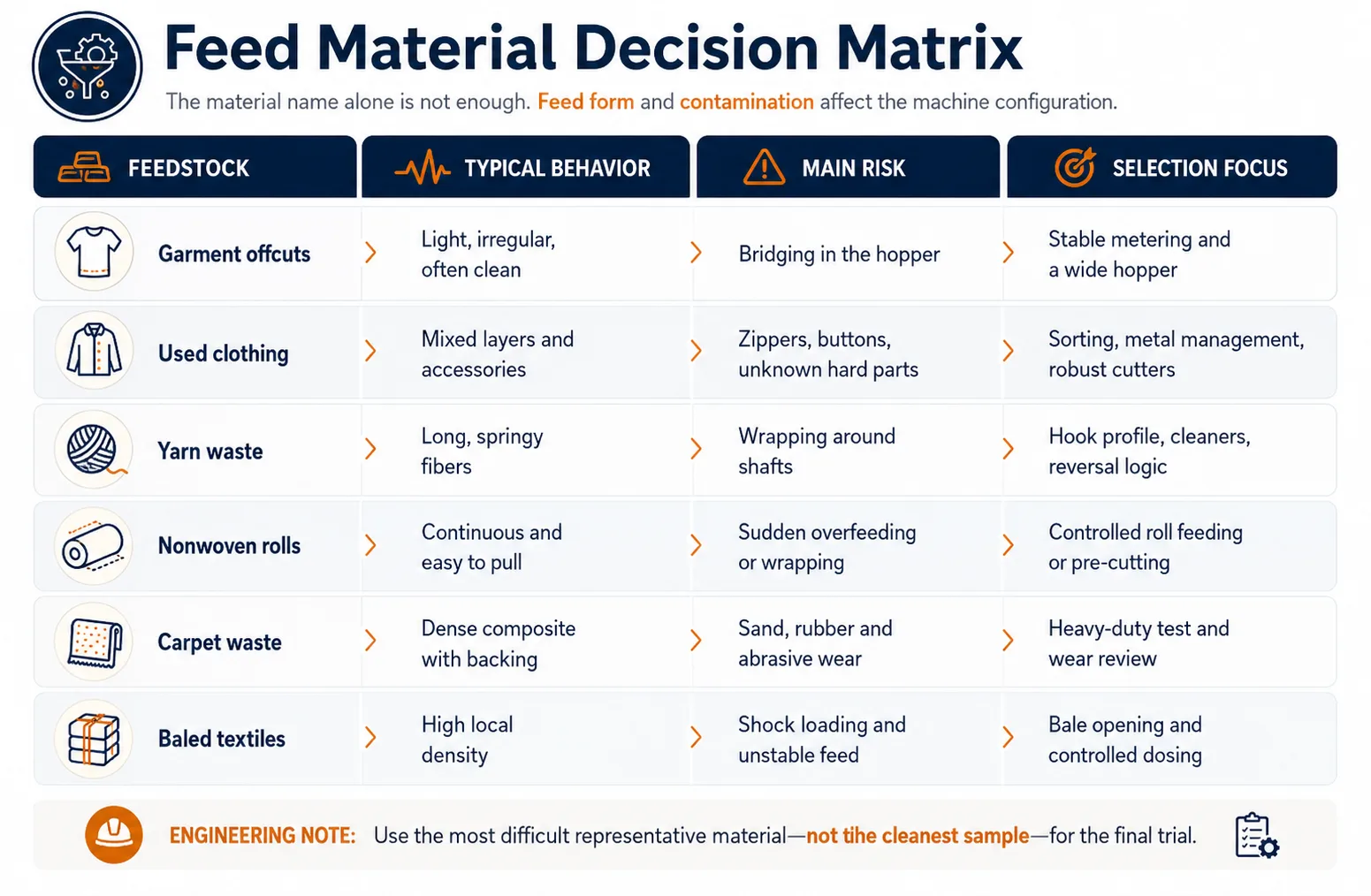 Comparison of textile waste feed forms and selection issues
